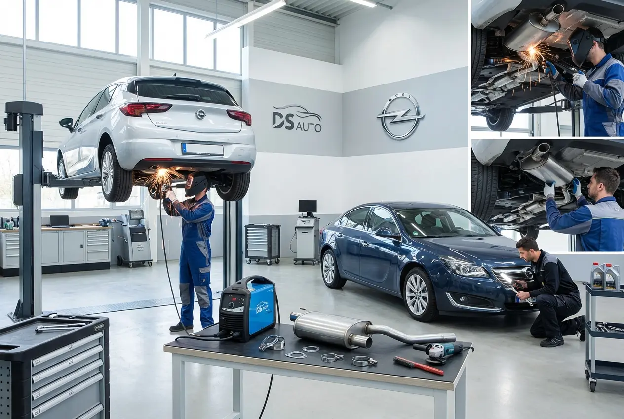 Ремонт глушителя с помощью сварки в автосервисе DS Auto Жуковский – качественное восстановление выхлопной системы Opel
